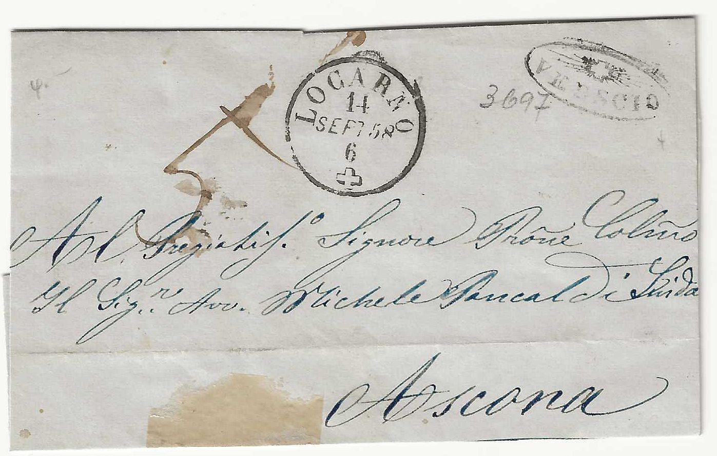 Alle Briefmarken: Tessinerstrahlenstempel Verscio 1858 auf Brief – Gebraucht aus Basel von Bingis