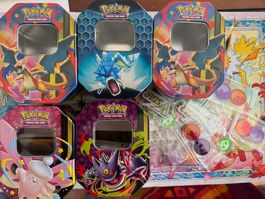 Pokemon Tin boxes EMPTY -LEER 5 Stk. & Pokemon Chips !!!