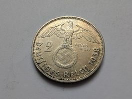 🇩🇪 Third Reich: 2 Reichsmark 1938 B Hindenburg. Silver