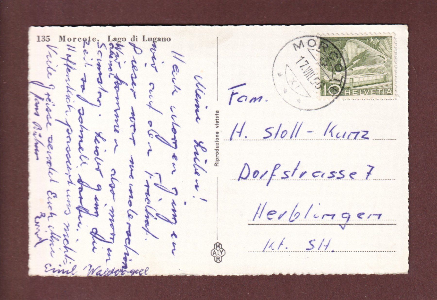 Cartoline postali: MORCOTE dal lago - 1956 – Usato da Pully venduto da nicecards-shop 1