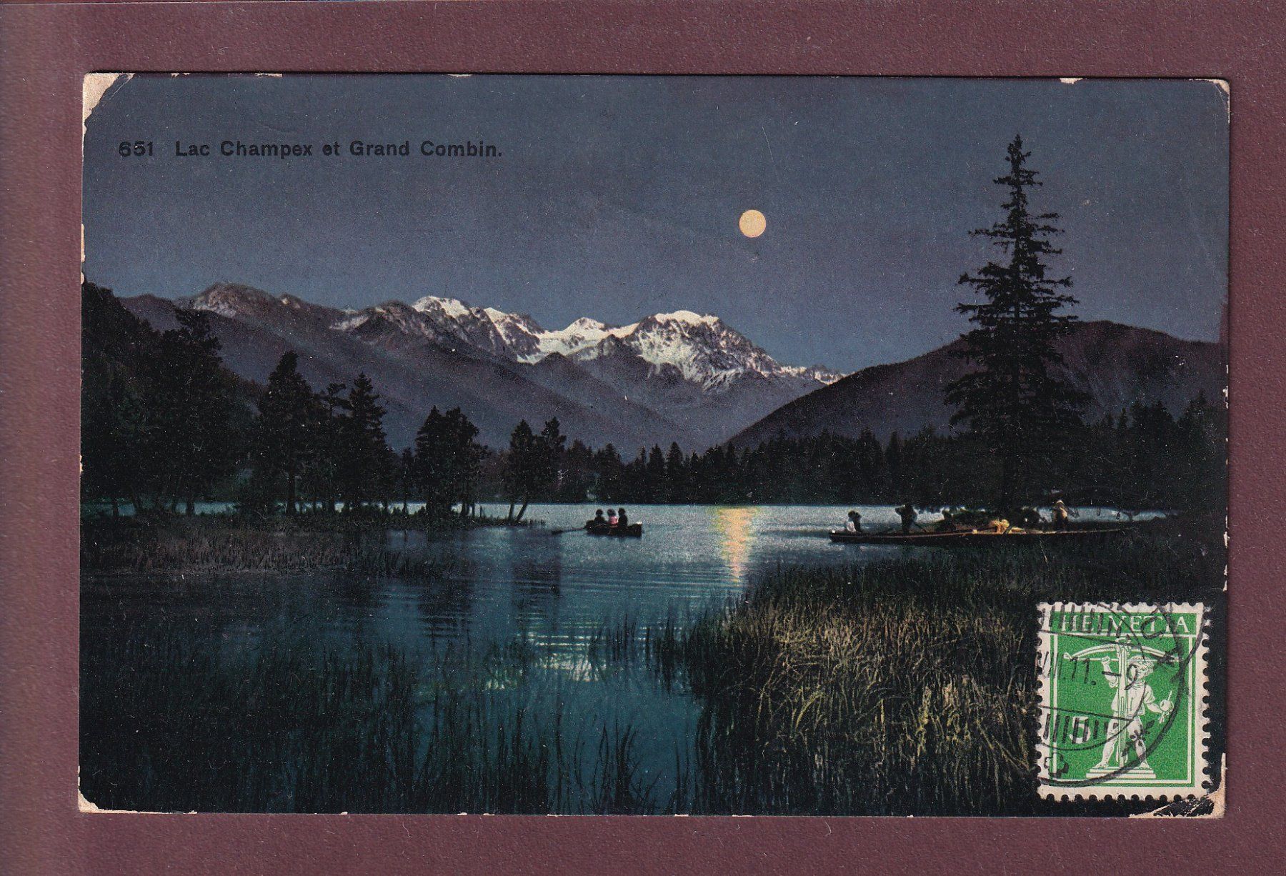 Ansichtskarten: LAC CHAMPEX - Grand Combin au clair de lune - 1911 – Gebraucht aus Pully von nicecards
