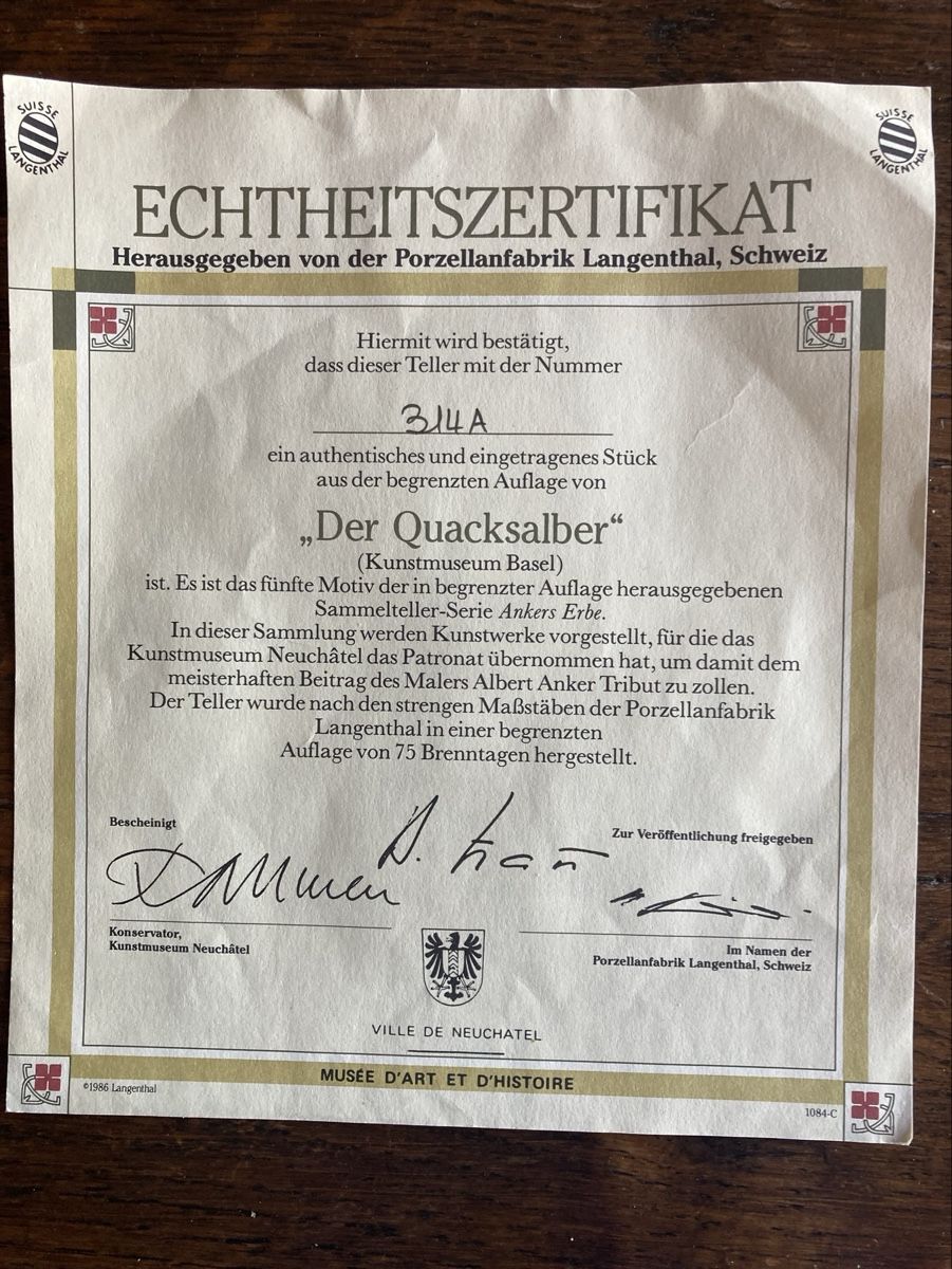 Piatti: Teller "Der Quacksalber" von Anker, limitierte Auflage! – Nuovo (secondo la descrizione) da Sornard - Nendaz venduto da Mapere 2