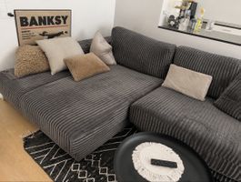 Ecksofa Grau Cord Stoff Sofa gute Zustand