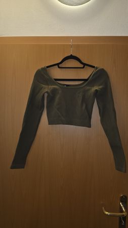 Damen Langarm Crop Top gerippt oliv Farbe Grösse M