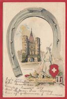 BASEL SPALENTOR, LITHO, PRÄGEDRUCK HELVETIA HUFEISEN WAPPEN