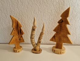2 Tannenholz Bäume und 2 Kerzen aus Birkenholz mit Flamme