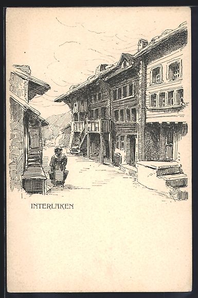 Cartoline postali: Interlaken, Strassenpartie mit Waschfrau – Usato da Berlin venduto da bartko-reher