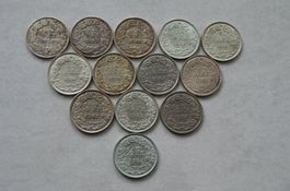13 x 50 Rappen-Silbermünzen 1920-1968