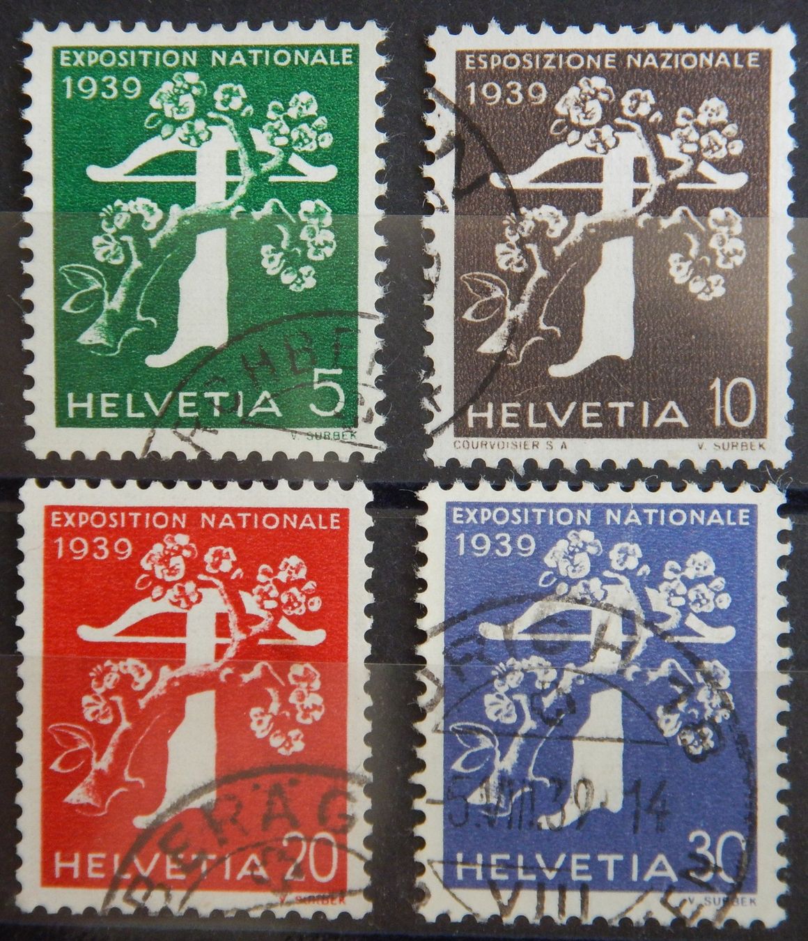 Tutti i francobolli: Schweiz Kat. 236-239 gest. 1939 Kat. 50 Fr. – Usato da Zürich venduto da Muehlekauf
