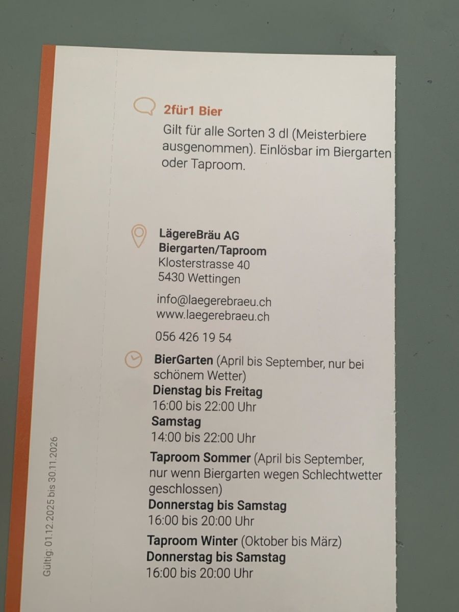 Buoni: 2x 2für1 Bier, Biergarten Lägerebräu Wettingen – Nuovo e nell'imballaggio originale da Attelwil venduto da TaraLee 1