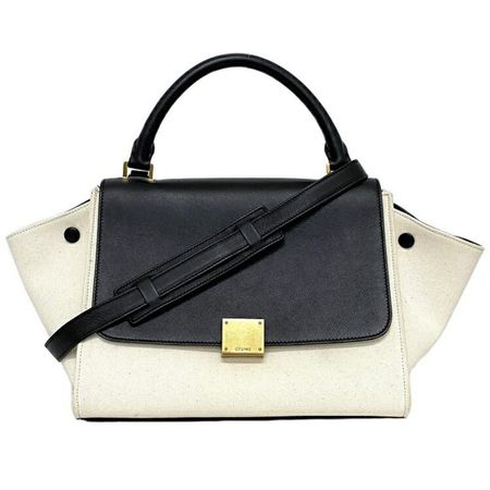 Céline Trapèze M Handtasche Leder Canvas Schwarz Creme/Beige