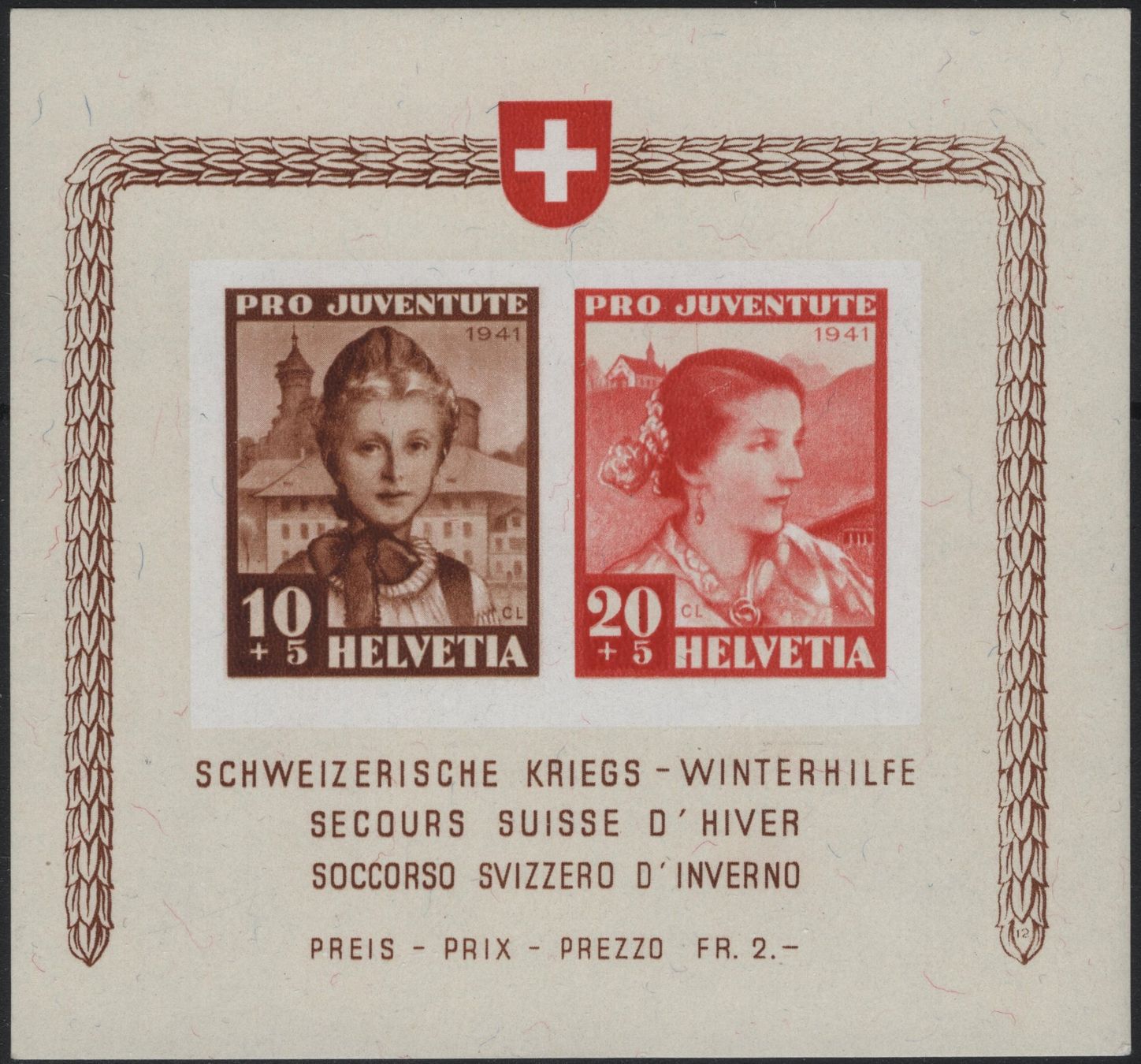 Tutti i francobolli: Pro Juventute Block 1941 mit ABART - Rasterfehler Y – Nuovo (secondo la descrizione) da Eglisau venduto da Chperfins