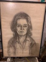 Portrait Femme au Crayon Signé Vero, Encadré, Vintage