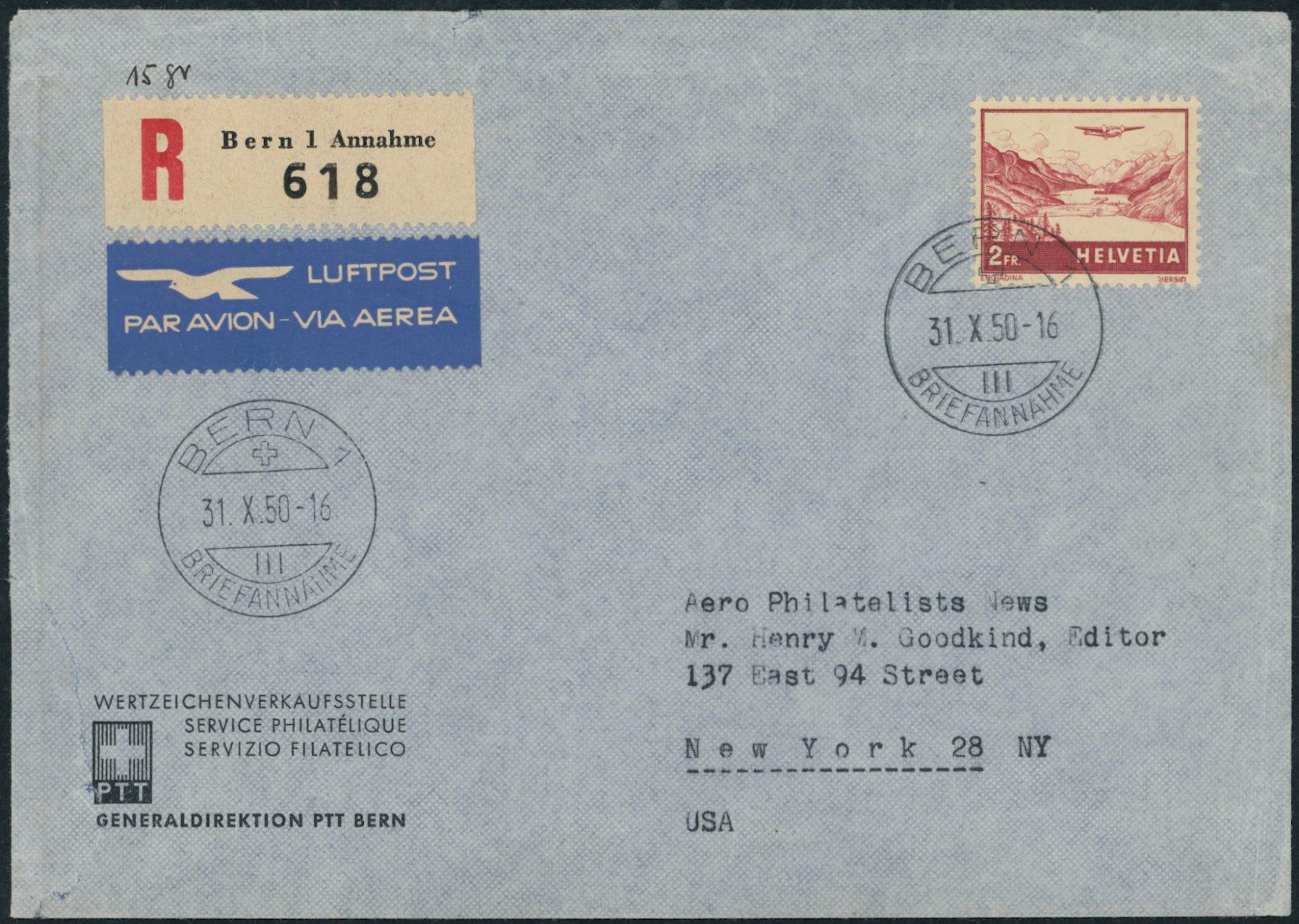 Tutti i francobolli: 1950 - Flugpost - Brief - EF - nach USA – Usato da Schindellegi venduto da leecollect