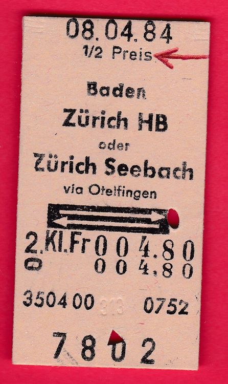 KARTON BILLETT, BADEN - ZÜRICH HB, 2.KLASSE, RETOUR, HALBTAX (Gebraucht ...