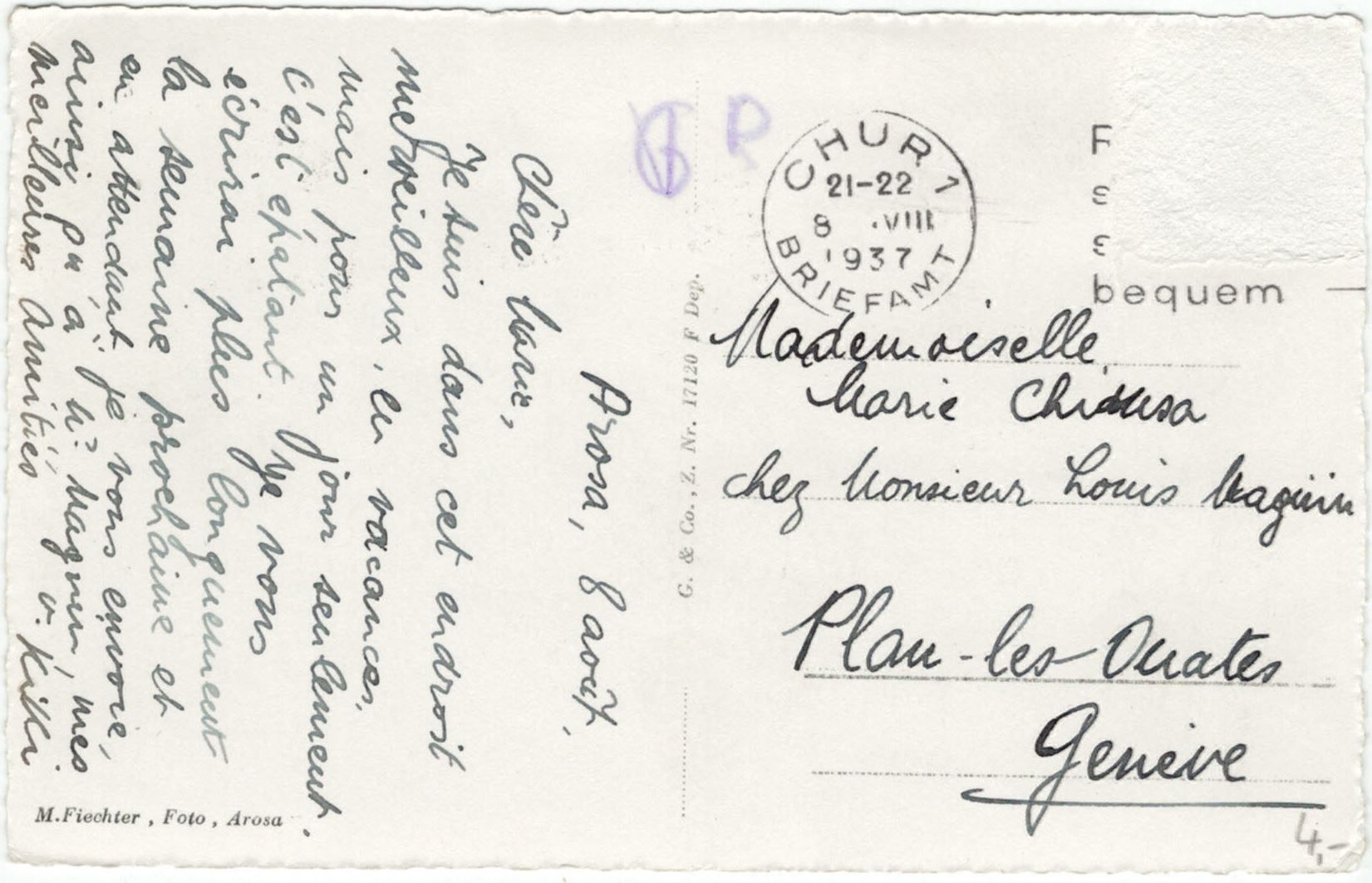 Cartoline postali: GR 252 Arosa Obersee mit Rothorn 1937 – Usato da Fribourg venduto da philafri 1