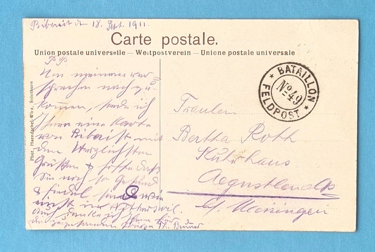 Ansichtskarten: Biberist - Restaurant Helfenstein - Feldpost - 1911 – Gebraucht aus Rothrist von RROENK 1