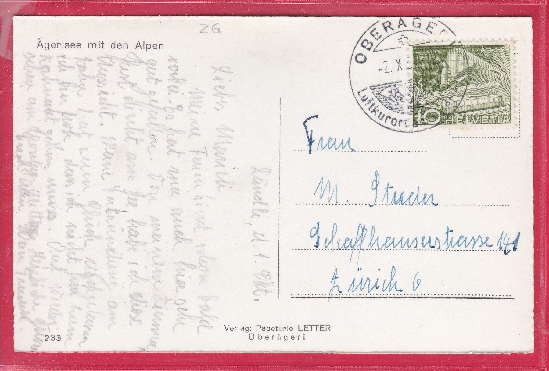 Cartoline postali: ÄGERISEE MIT DEN ALPEN, 2.10.1952 – Usato da Oberrieden venduto da Gebirgsstelze 1