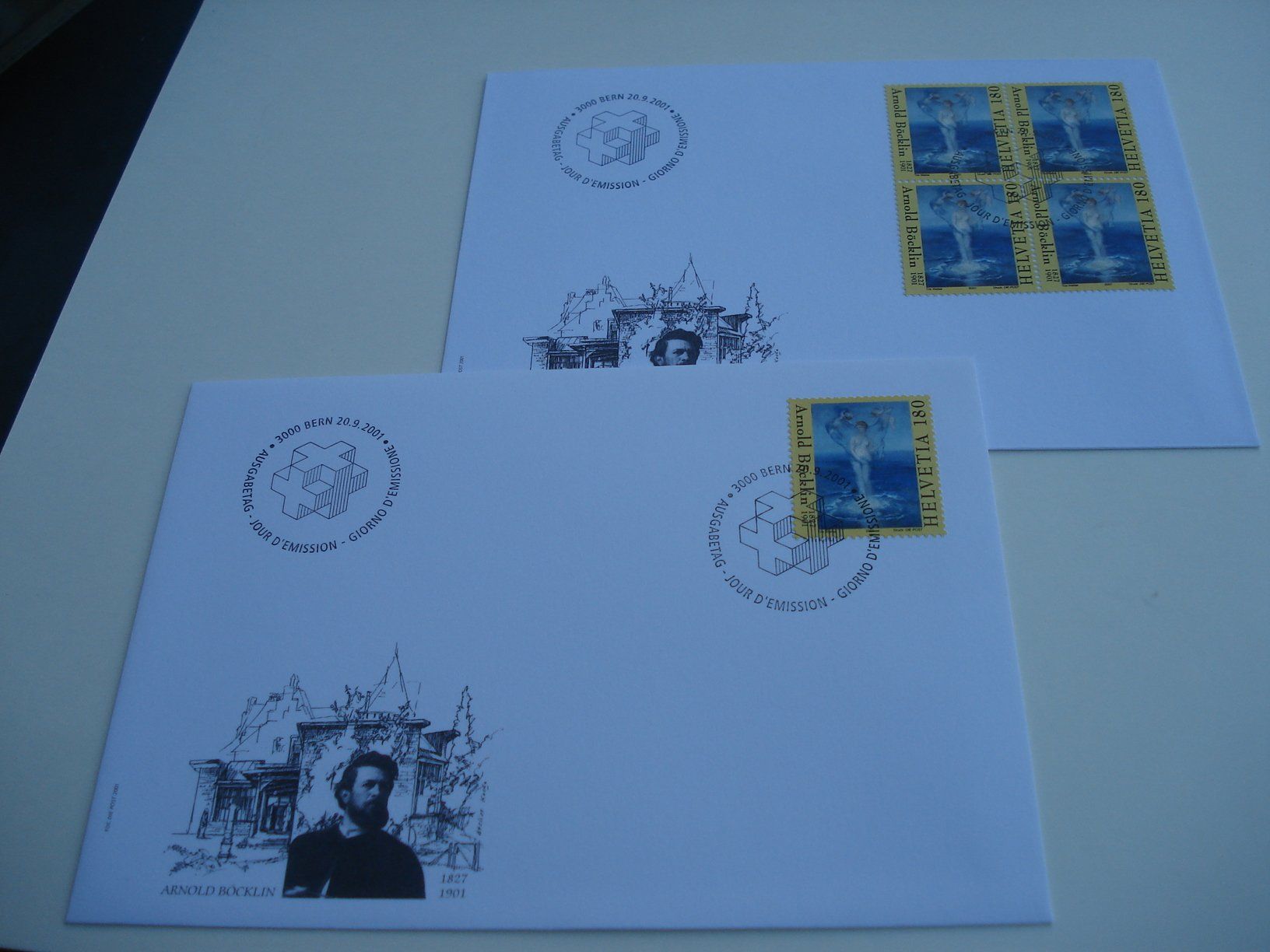 Tutti i francobolli: Marke Arnold Böcklin, 2001, FDC Einzel + 4erblock, 2 Belege – Usato da Niederwil AG venduto da morostahu 1