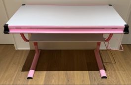Jugendschreibtisch, kippbare Tischplatte – Pink/weiss