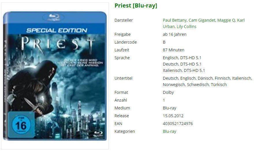 Tutti i DVDs: Priest [Blu-ray] – Usato da Buchrain venduto da Sssschaller