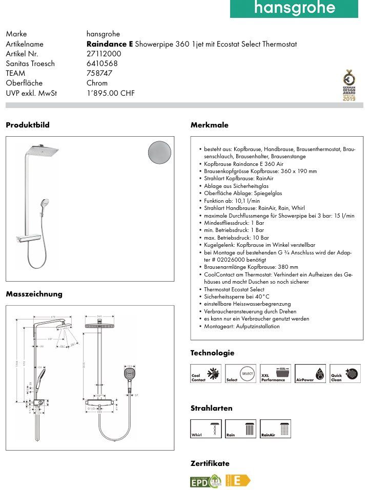 Hansgrohe Pommeaux de douche: 545 Hansgrohe Raindance E Showerpipe 360 1jet – Neuf avec emballage d'origine à Derendingen par Meisterstuecke 2