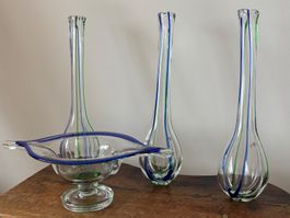 3 traumhafte Vintage Glasvasen & 1 Schale, Murano-Stil «Neu»