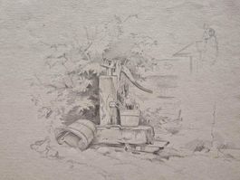EDUARD MERK – Schwengelbrunnen mit Holzeimer (Zeichnung)
