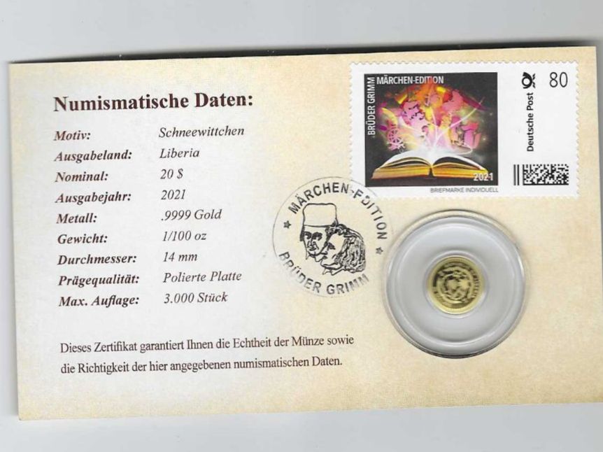 Tutti le monete: LIBERIA 20 DOLLARS MÄRCHEN EDITION BRÜD.GRIMM SCHNEEWITTCHEN – Nuovo e nell'imballaggio originale da Dintikon venduto da bonita099 1