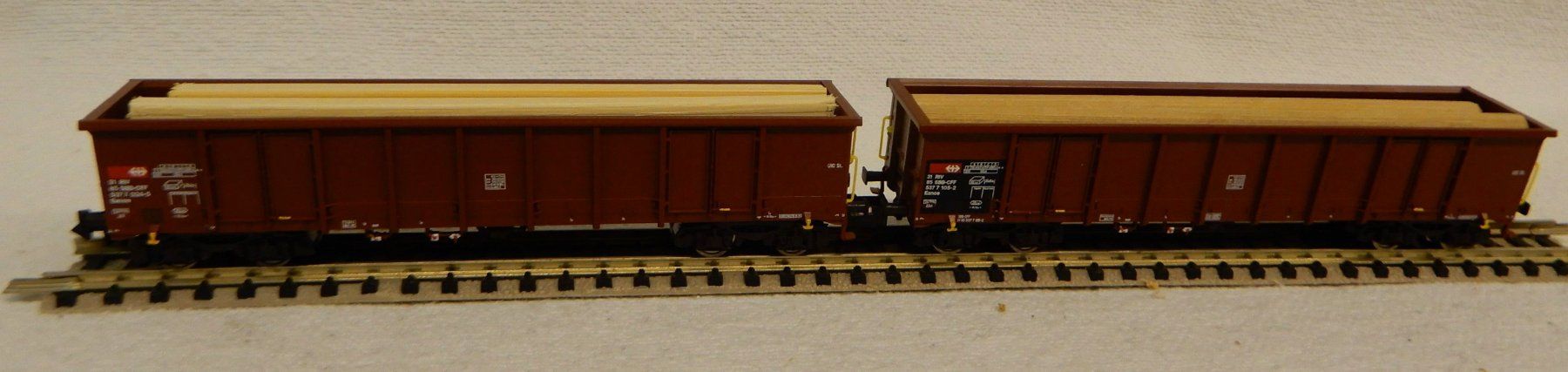 Fleischmann Modellini di ferrovie: 2 Stk Fleischmann 830252 SBB mit Holzladung – Nuovo e nell'imballaggio originale da Rupperswil venduto da Ropi03 1