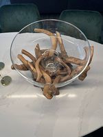 Dekoschale mit Holzfuss, Glasschale, Top Zustand!