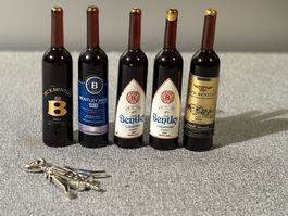Miniatur Weinflaschen 5 Stück und Zapfenzieher