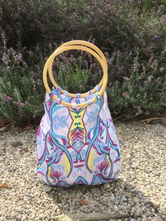 Sac à main tissu motifs anses bois NEUF
