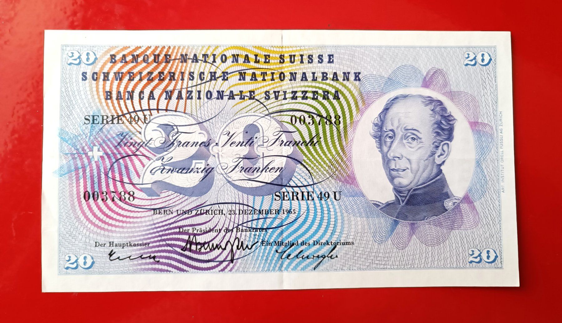 Banconote: Schweizer NOTE 20  FR Typ General Dufour  23 Dezember.  1965 – Usato da Glis venduto da MYS-Wallis2020