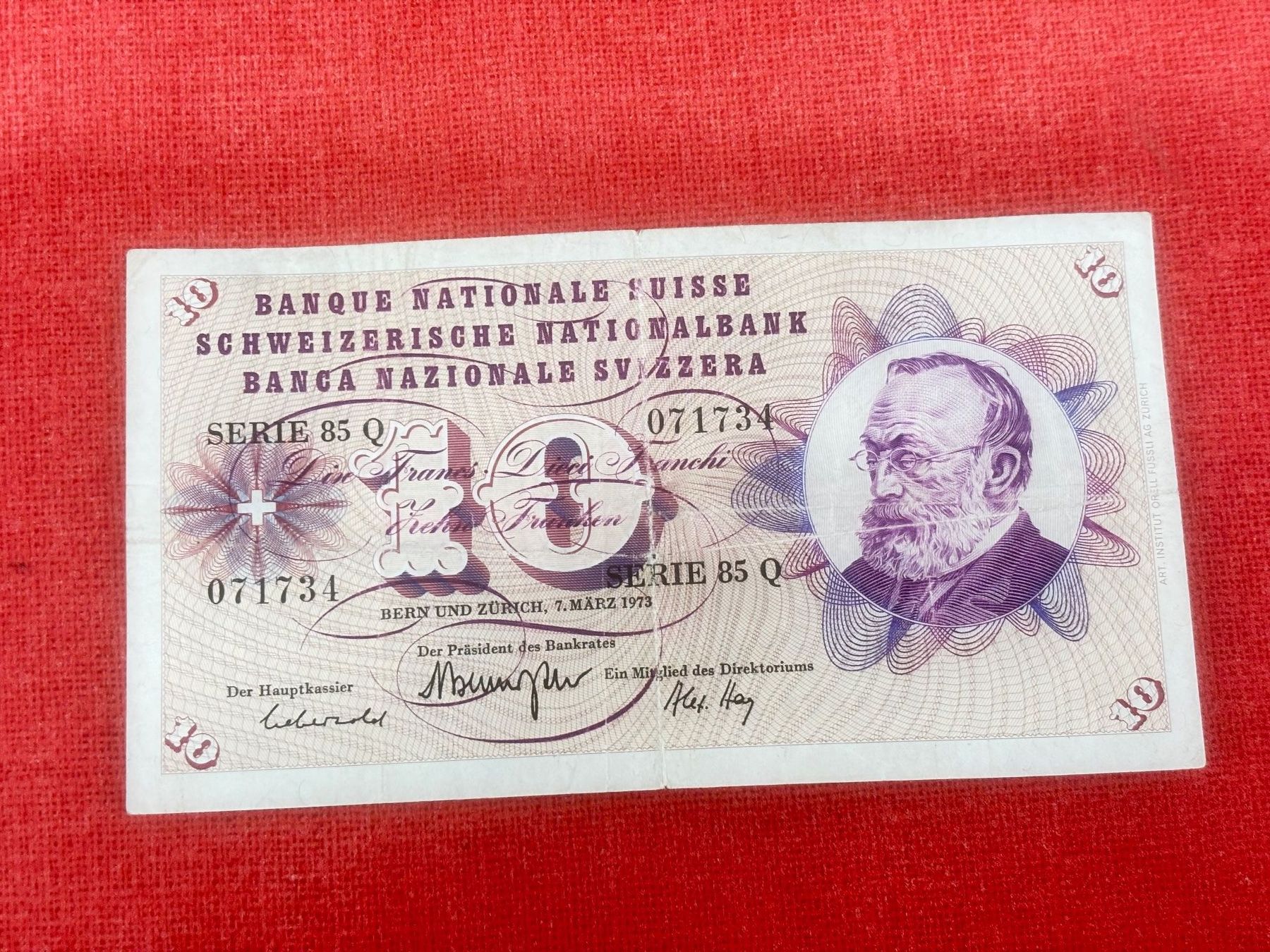 Banknoten: 10 Franken Banknote 1973 gebraucht – Gebraucht aus Ormalingen von digital09
