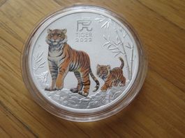 1 Oz. Silbermünze Lunar III Tiger 2022 Color Australien