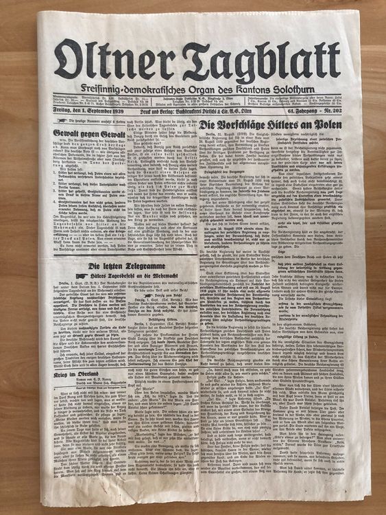 Oltner tagblatt freitag 1 september 1939 kaufen auf ricardo