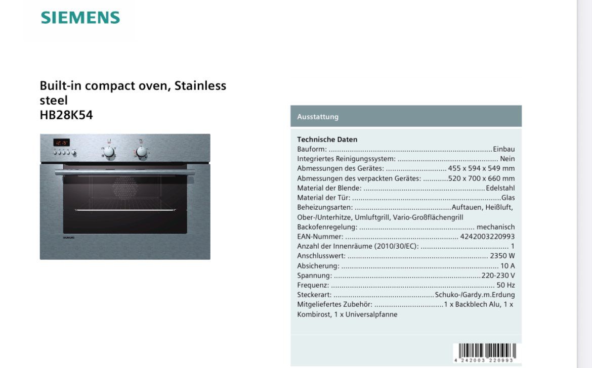 Siemens Forni: Einbaubackofen Siemens HB28K54 – Usato da Winterthur venduto da nic_k899 1