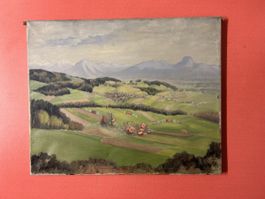 Gemälde Landschaft Berge Dorf Grösse 52x42 cm. Ohne Rahmen.