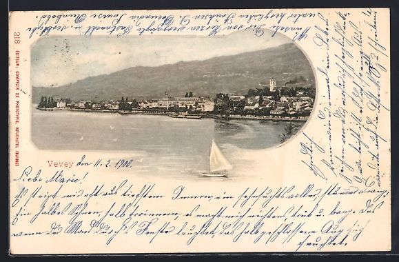 Cartoline postali: AK Vevey, Uferpartie mit Segelboot, 1900 – Usato da Berlin venduto da bartko-reher
