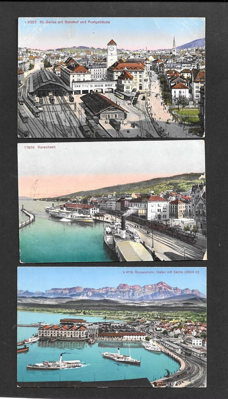 Cartoline postali: 3 Ansichtskarten  Bahnhof St. Gallen Rorschach Romanshorn – Usato da Winterthur venduto da Wolfensberg