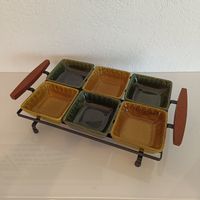 Schönes Vintage Apéro-Set, Keramikschalen mit Holzgriff