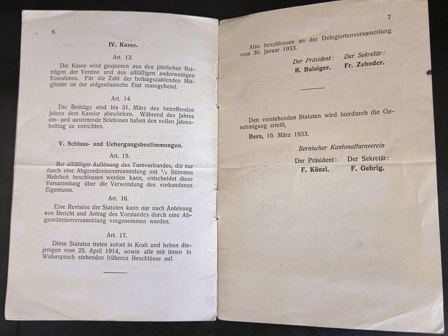 Riviste & Magazine: Bern Turnverband Statuten 1933 Dokument Original – Usato da Tavannes venduto da Cire 1