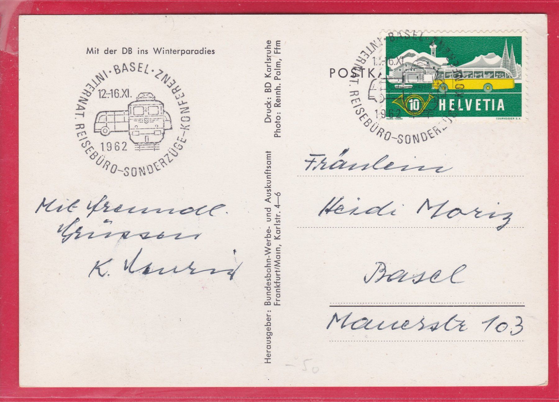 Cartoline postali: MIT DER DB INS WINTERPARADIES, 12.-16.9.1962(SCHWEIZER MARKE – Usato da Oberrieden venduto da Gebirgsstelze 1