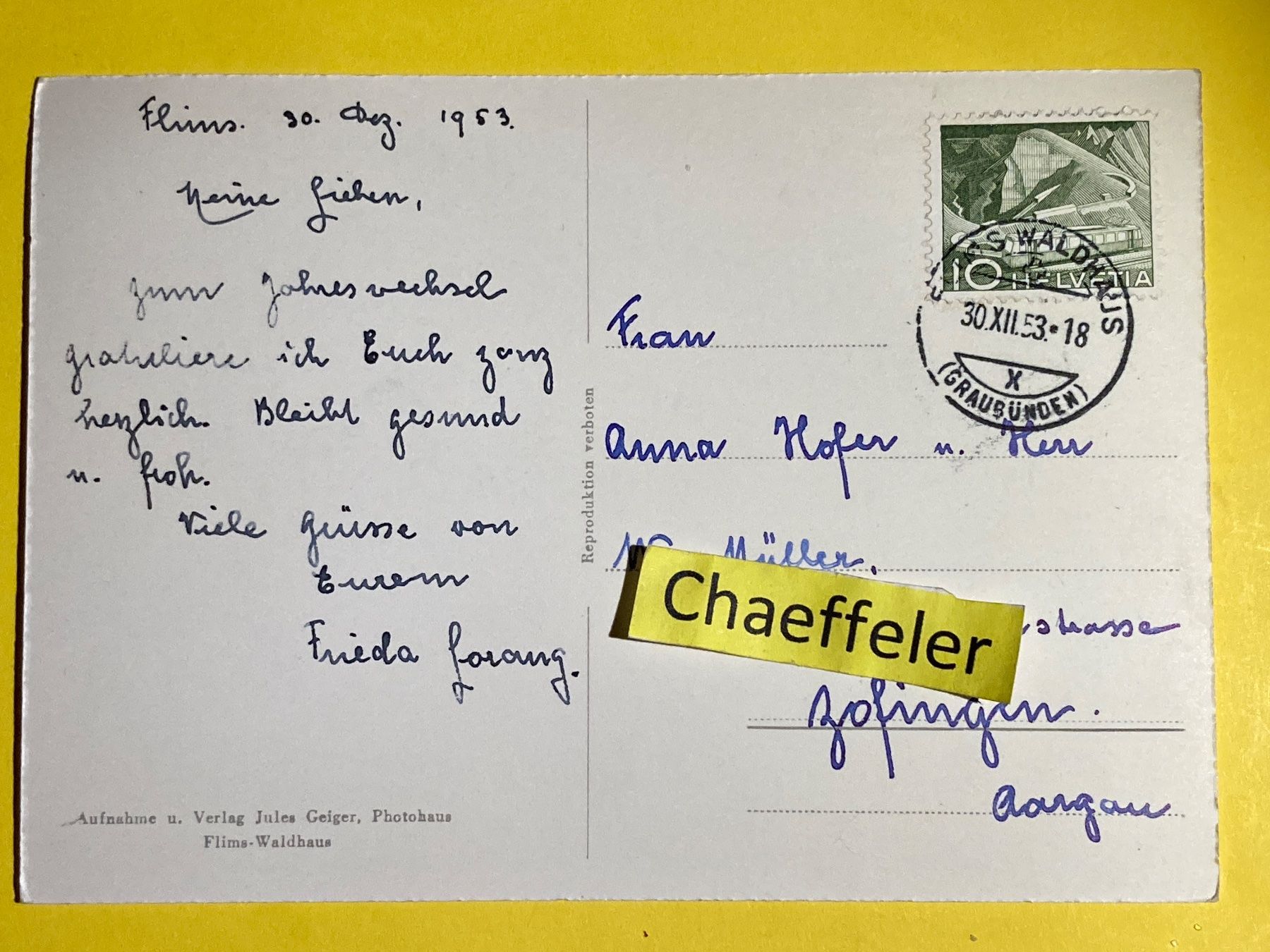 Cartoline postali: 1953 Flims-Waldhaus, Skiwiese – Usato da Zürich venduto da Chaeffeler 1