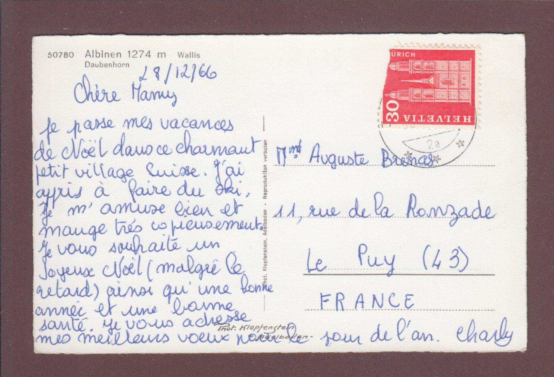 Cartoline postali: ALBINEN - Daubenhorn - 1966 – Usato da Pully venduto da nicecards 1