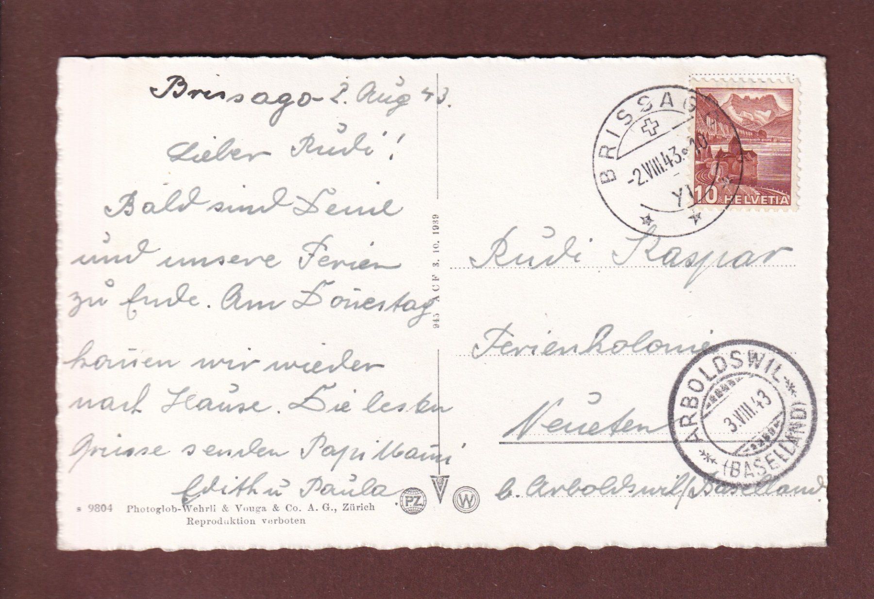 Cartoline postali: BRISSAGO - 1943 – Usato da Pully venduto da nicecards 1