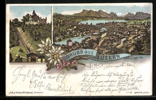 Cartes postales: Litho Luzern, Schloss mit Bahn, Gesamtan – D'occasion à Berlin par bartko-reher