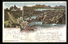 Litho Luzern, Schloss mit Bahn, Gesamtan