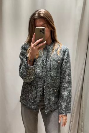 H&M Tweed Jacket in Schwarz-Silber mit Metallic-Effekt, S